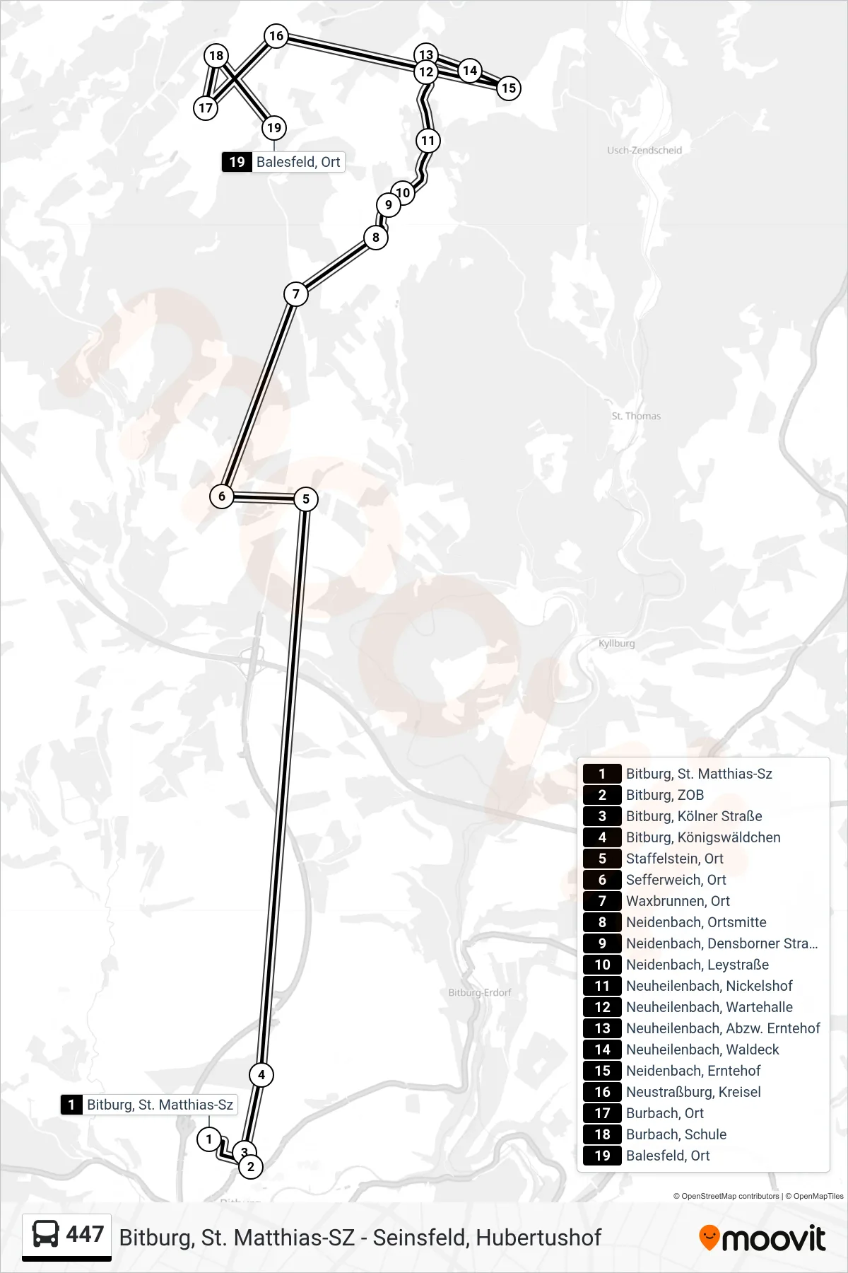447 bus Line (Balesfeld, Ort) route and stops on a map