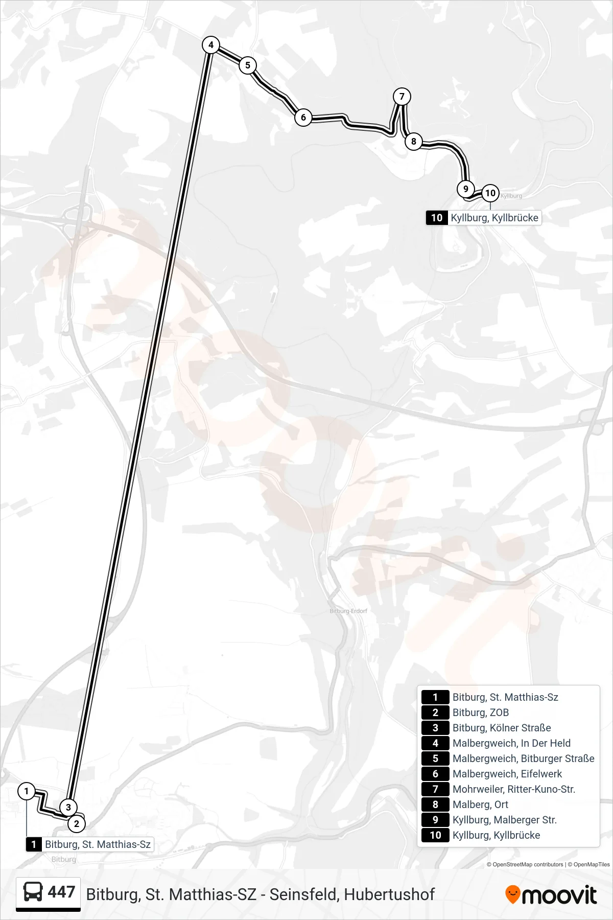 447 bus Line (Kyllburg, Kyllbrücke) route and stops on a map