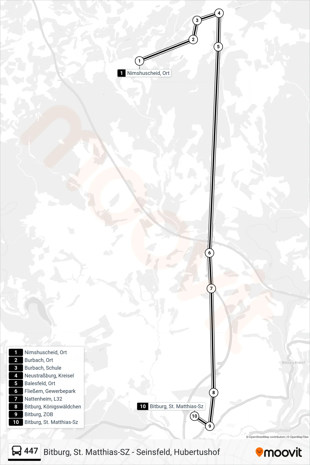 Linie 447 (Bus) Richtung Bitburg, St. Matthias-Sz: Route und Haltestellen auf der Karte
