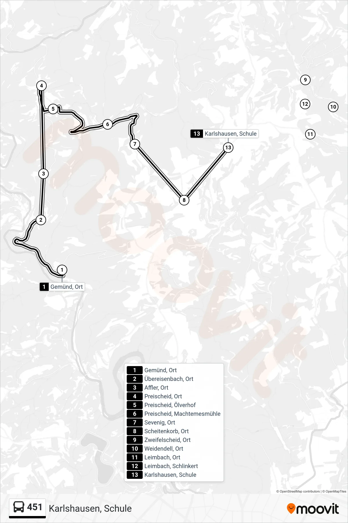 451 bus Line (Karlshausen, Schule) route and stops on a map