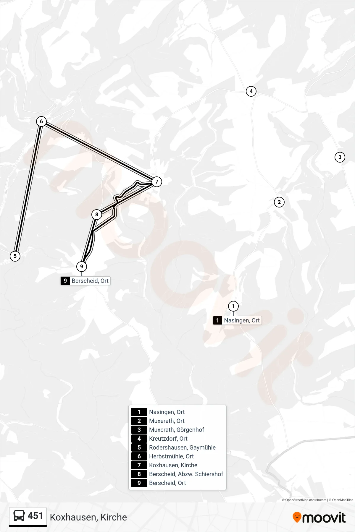 451 bus Line (Koxhausen, Kirche) route and stops on a map