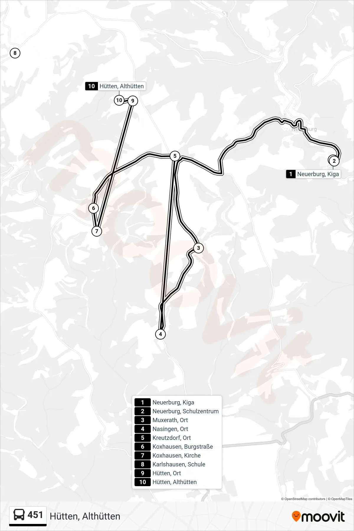 451 bus Line (Hütten, Althütten) route and stops on a map