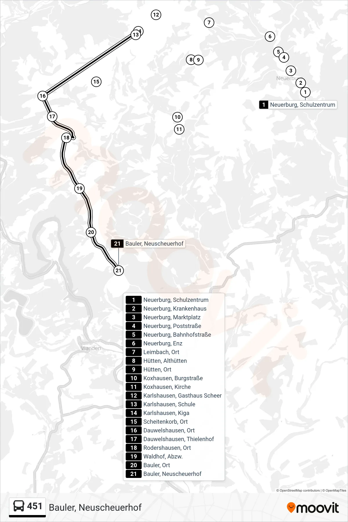 451 bus Line (Bauler, Neuscheuerhof) route and stops on a map