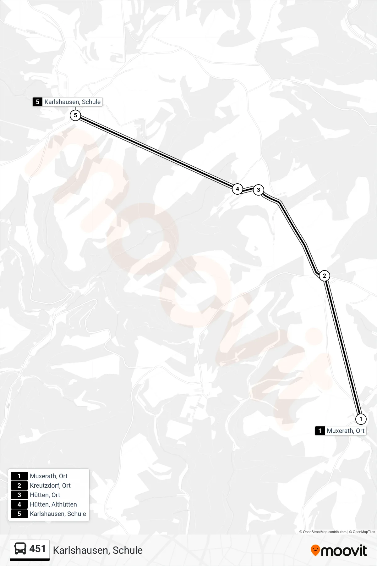 451 bus Line (Karlshausen, Schule) route and stops on a map