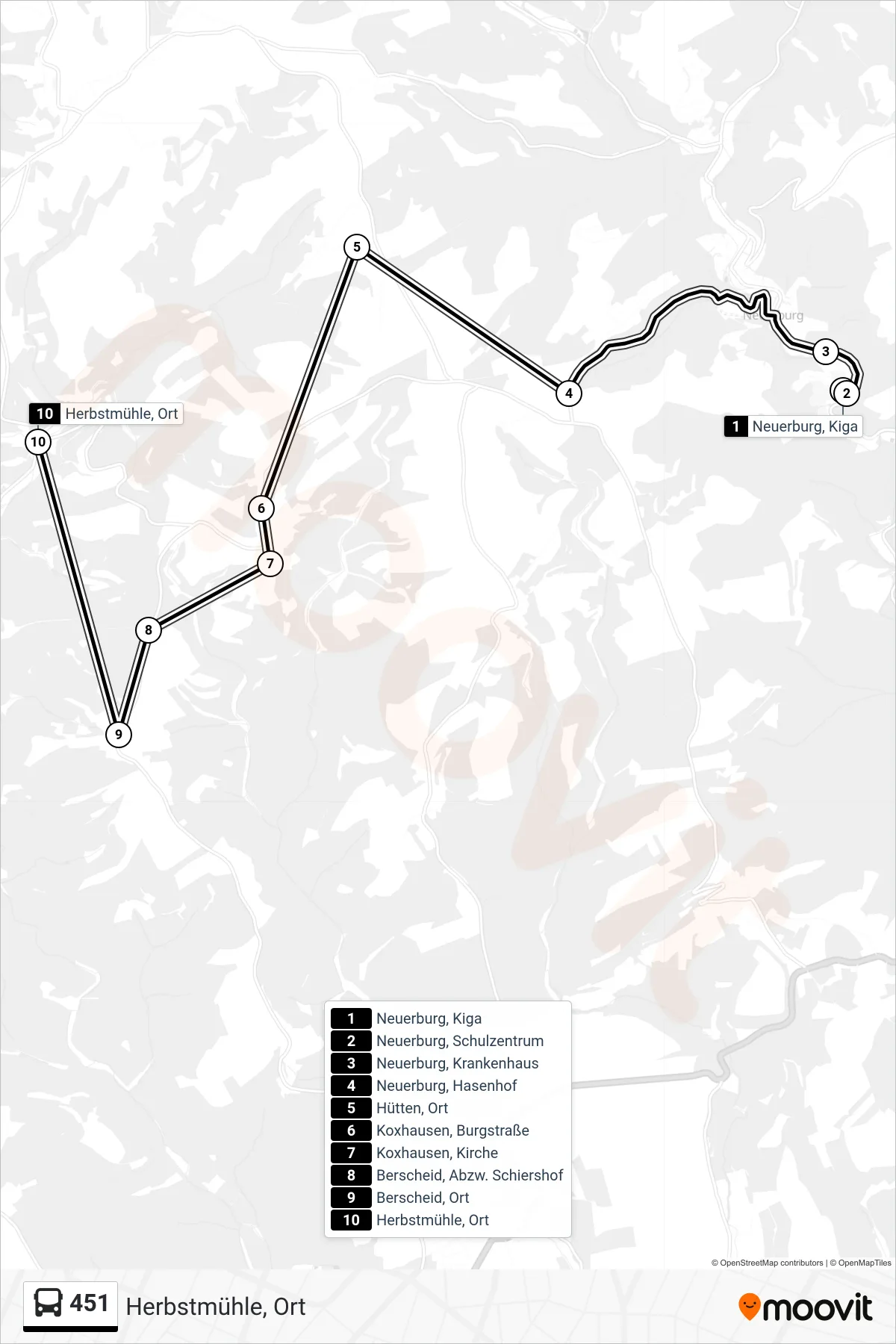 451 bus Line (Herbstmühle, Ort) route and stops on a map