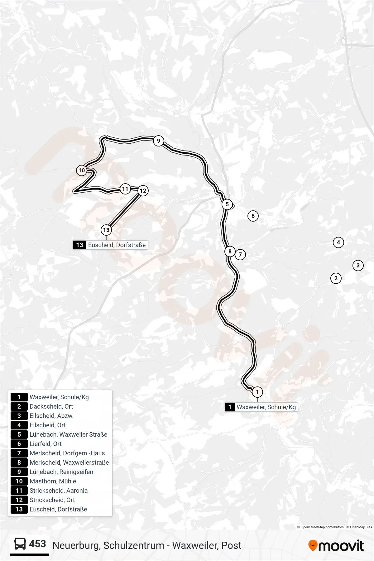 453 bus Line (Euscheid, Dorfstraße) route and stops on a map