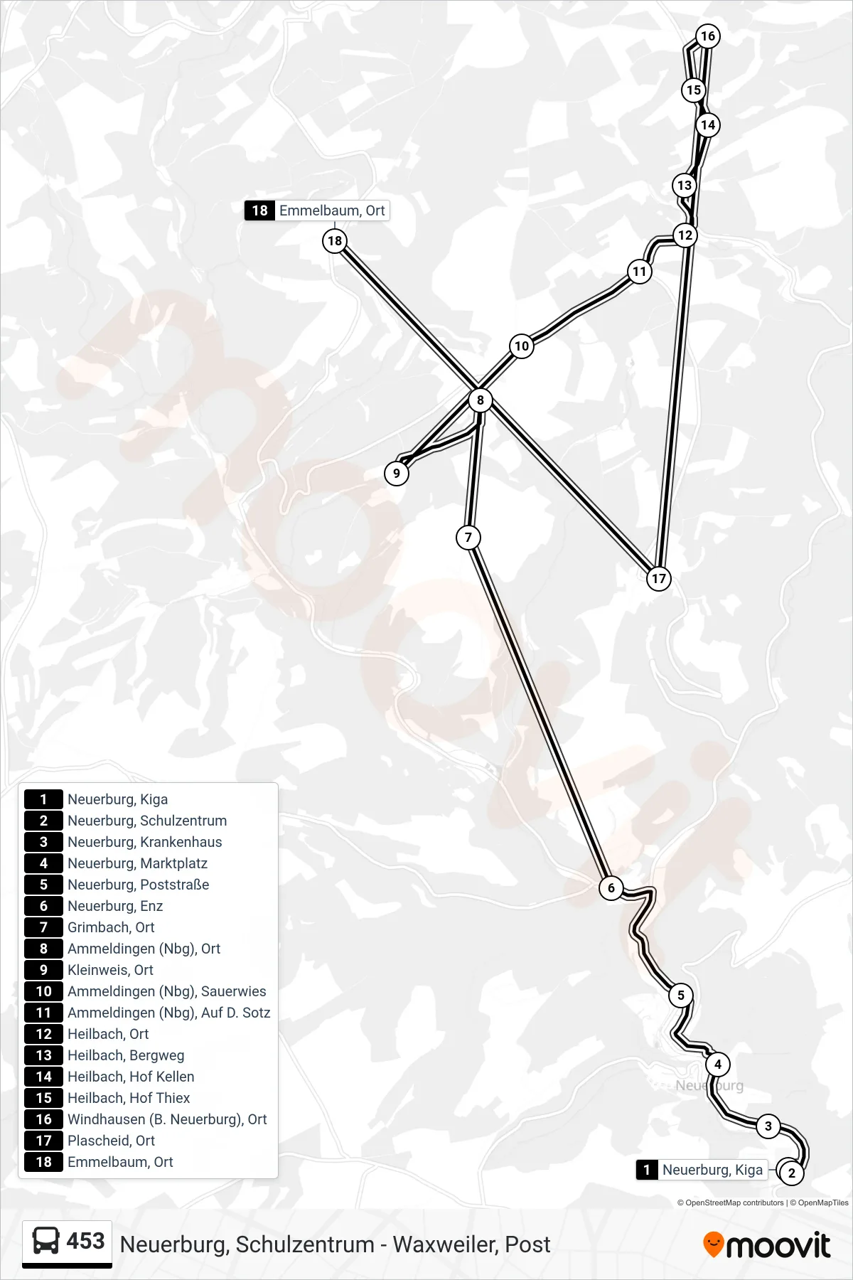 453 bus Line (Emmelbaum, Ort) route and stops on a map