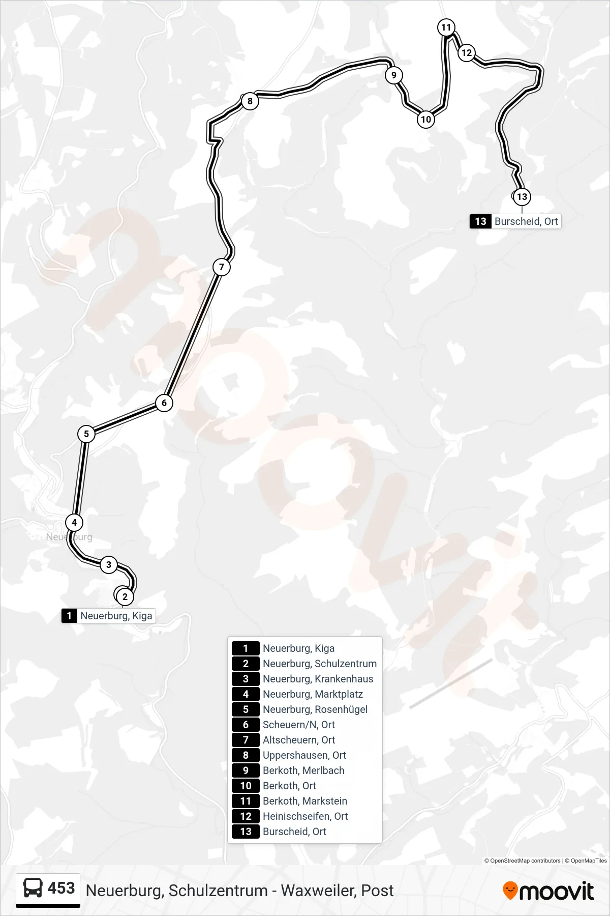 Linie 453 (Bus) Richtung Burscheid, Ort: Route und Haltestellen auf der Karte