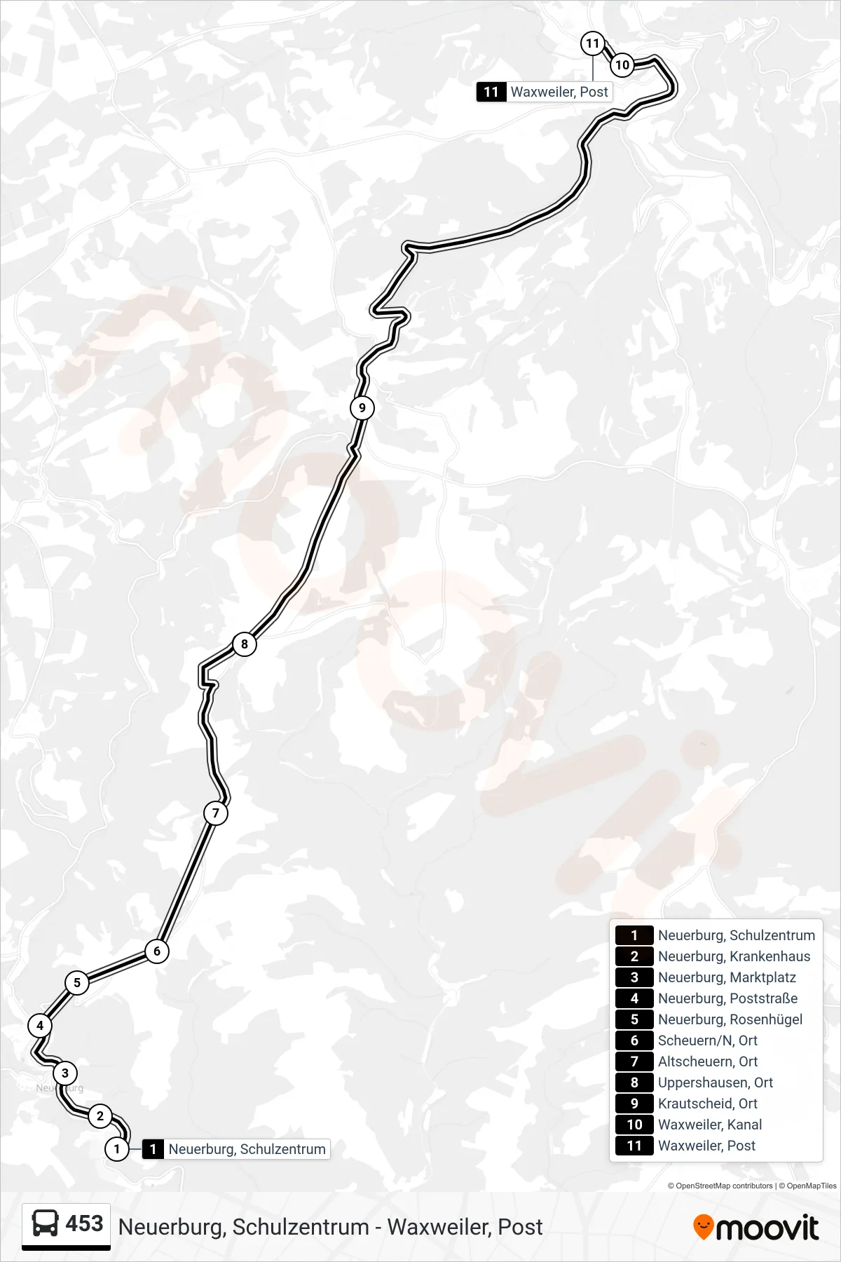 453 bus Line (Waxweiler, Post) route and stops on a map