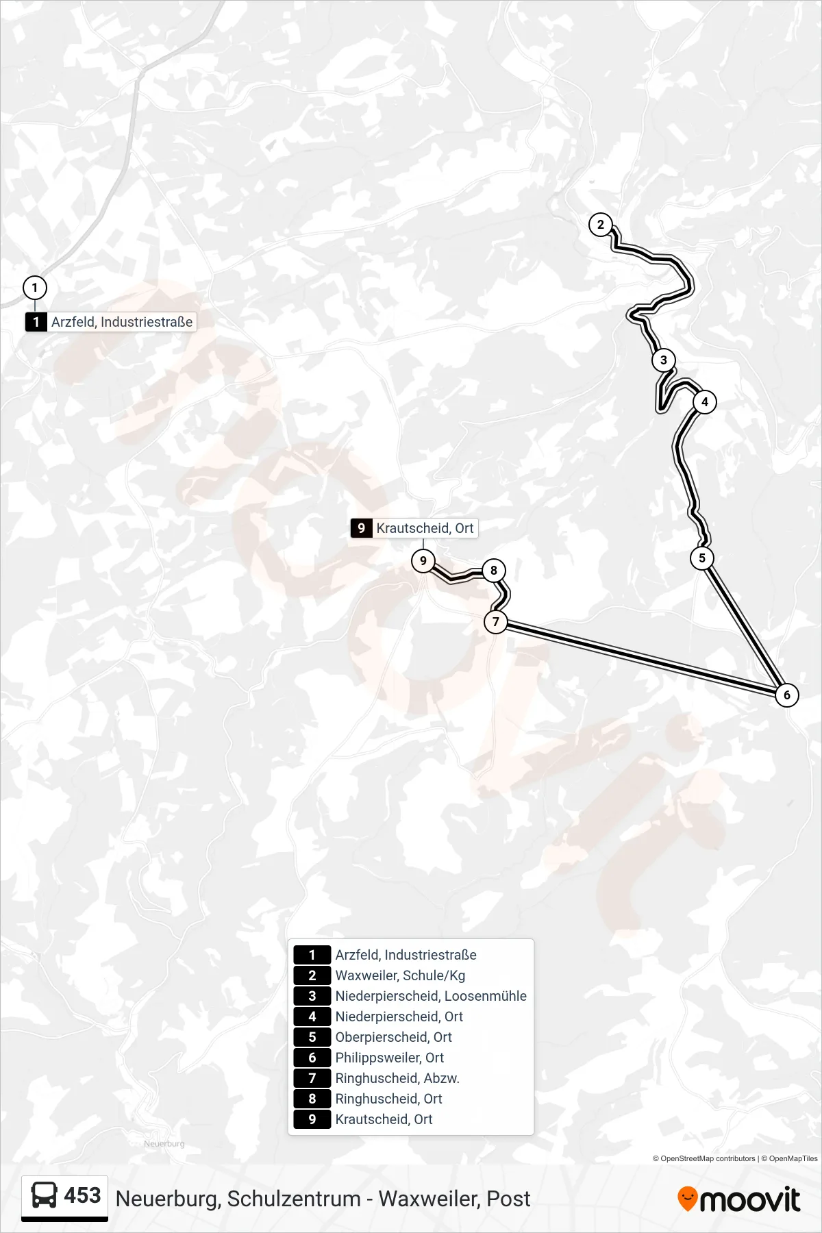 453 bus Line (Krautscheid, Ort) route and stops on a map
