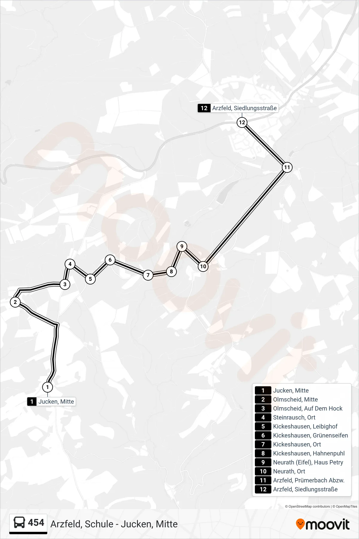 454 bus Line (Arzfeld, Siedlungsstraße) route and stops on a map