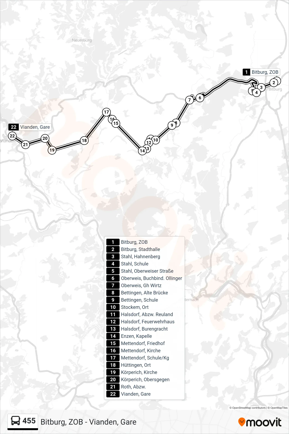 Linie 455 (Bus) Richtung Vianden, Gare: Route und Haltestellen auf der Karte