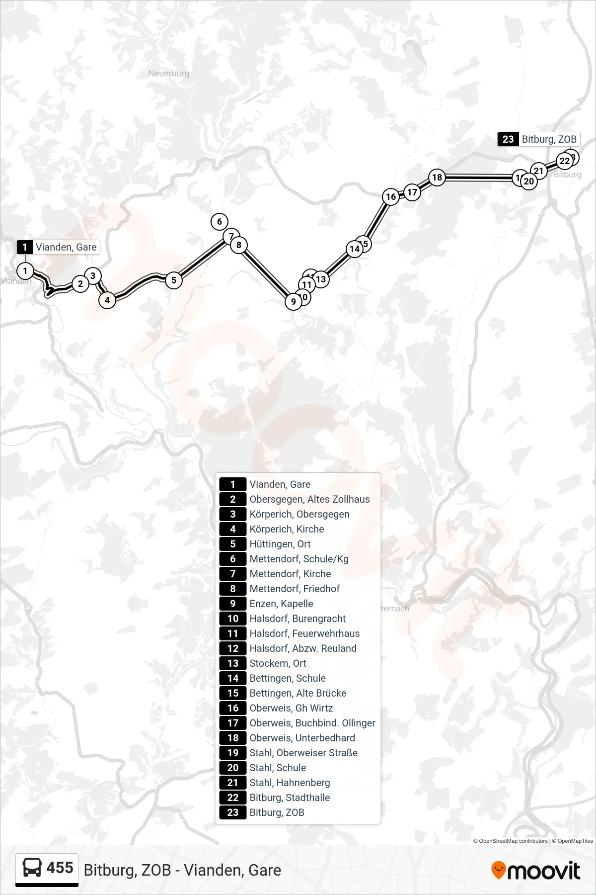 455 bus Line (Bitburg, ZOB) route and stops on a map