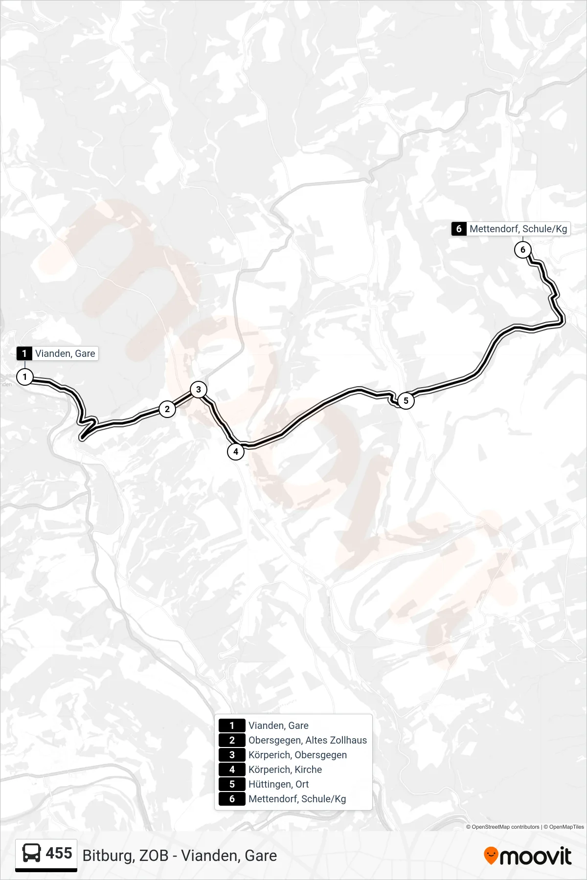 455 bus Line (Mettendorf, Schule/Kg) route and stops on a map