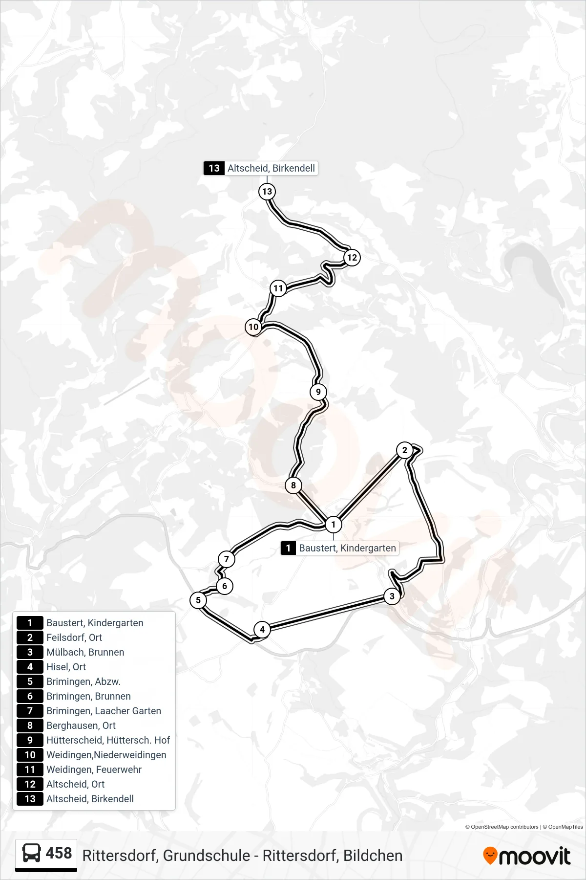 458 bus Line (Altscheid, Birkendell) route and stops on a map
