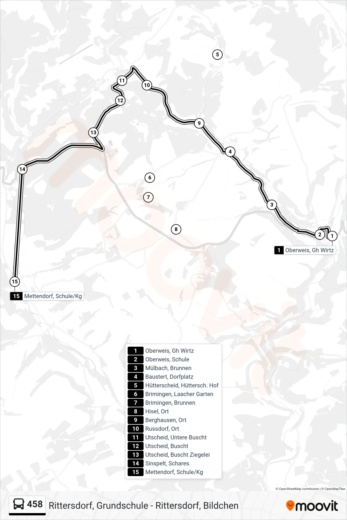 458 bus Line (Mettendorf, Schule/Kg) route and stops on a map