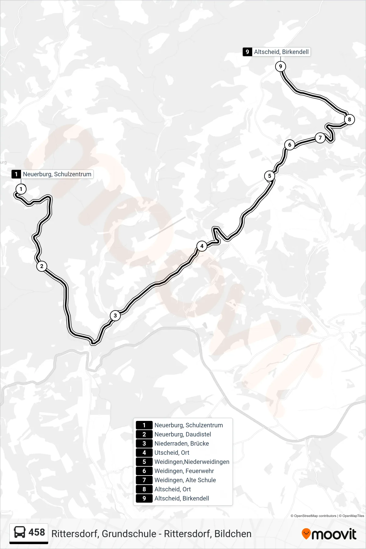 458 bus Line (Altscheid, Birkendell) route and stops on a map