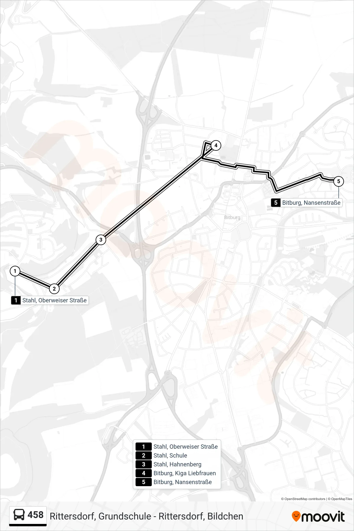 458 bus Line (Bitburg, Nansenstraße) route and stops on a map