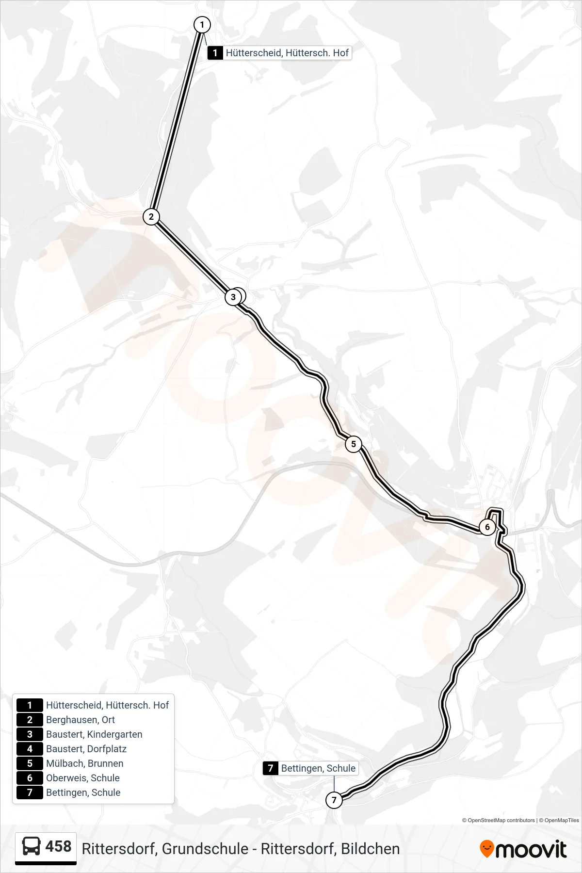 458 bus Line (Bettingen, Schule) route and stops on a map