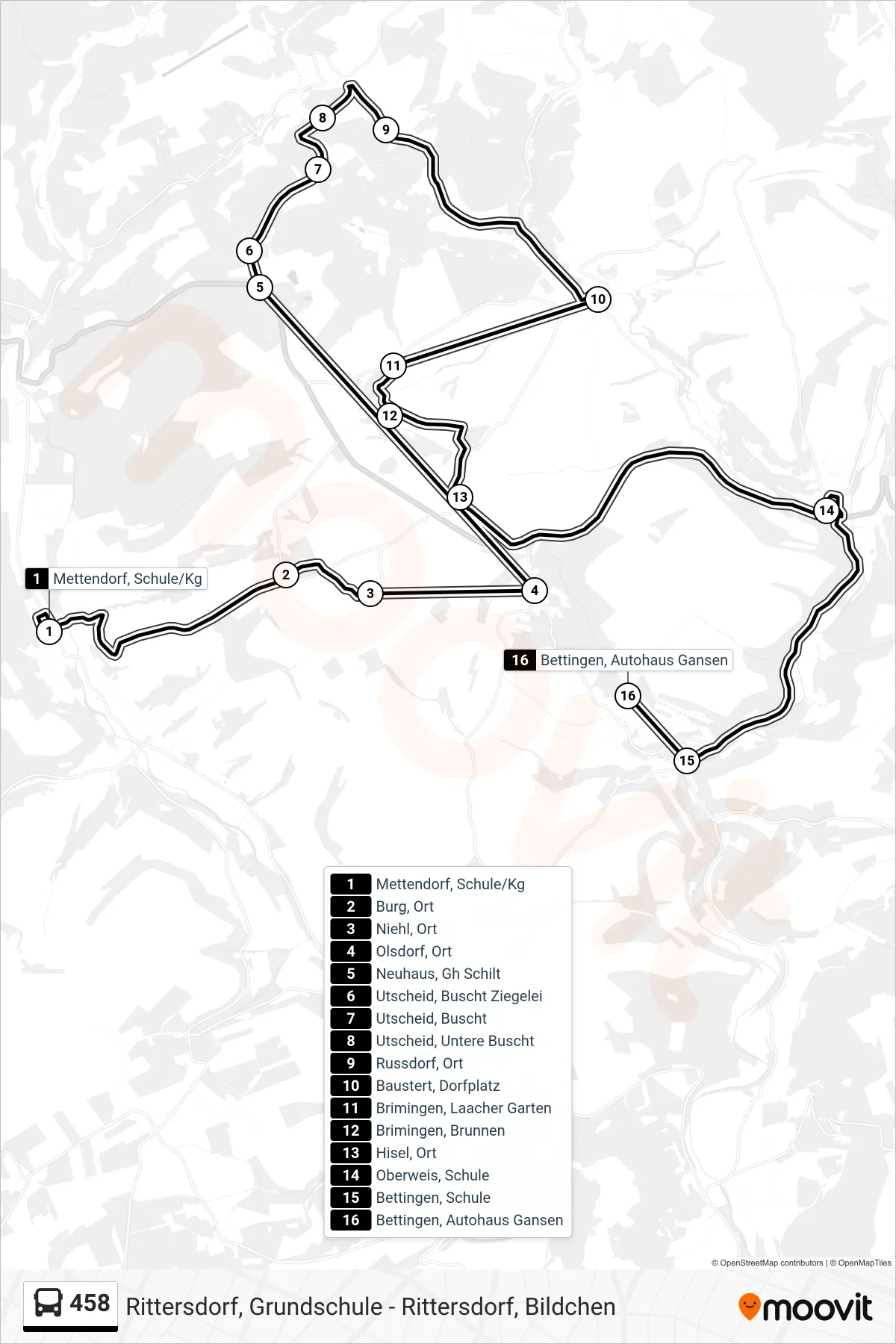 458 bus Line (Bettingen, Autohaus Gansen) route and stops on a map