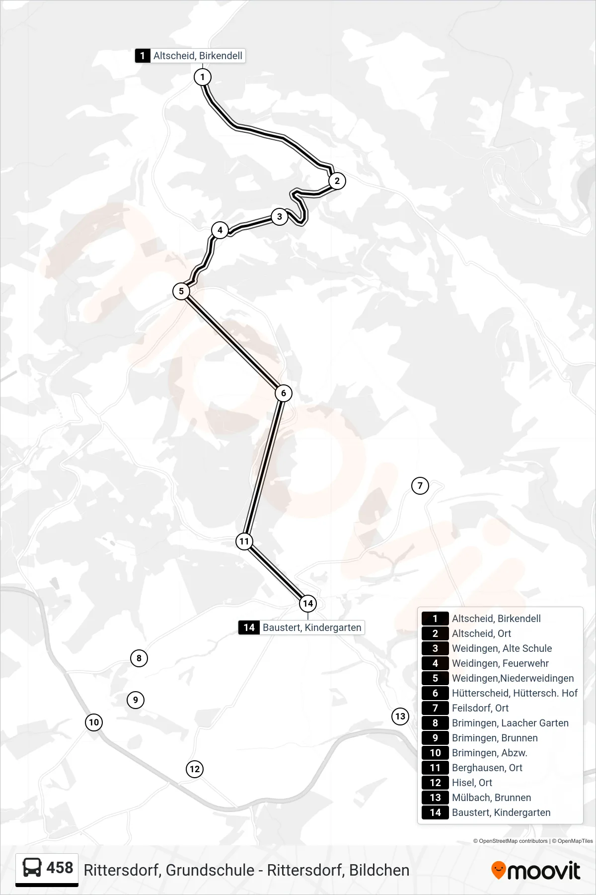 458 bus Line (Baustert, Kindergarten) route and stops on a map