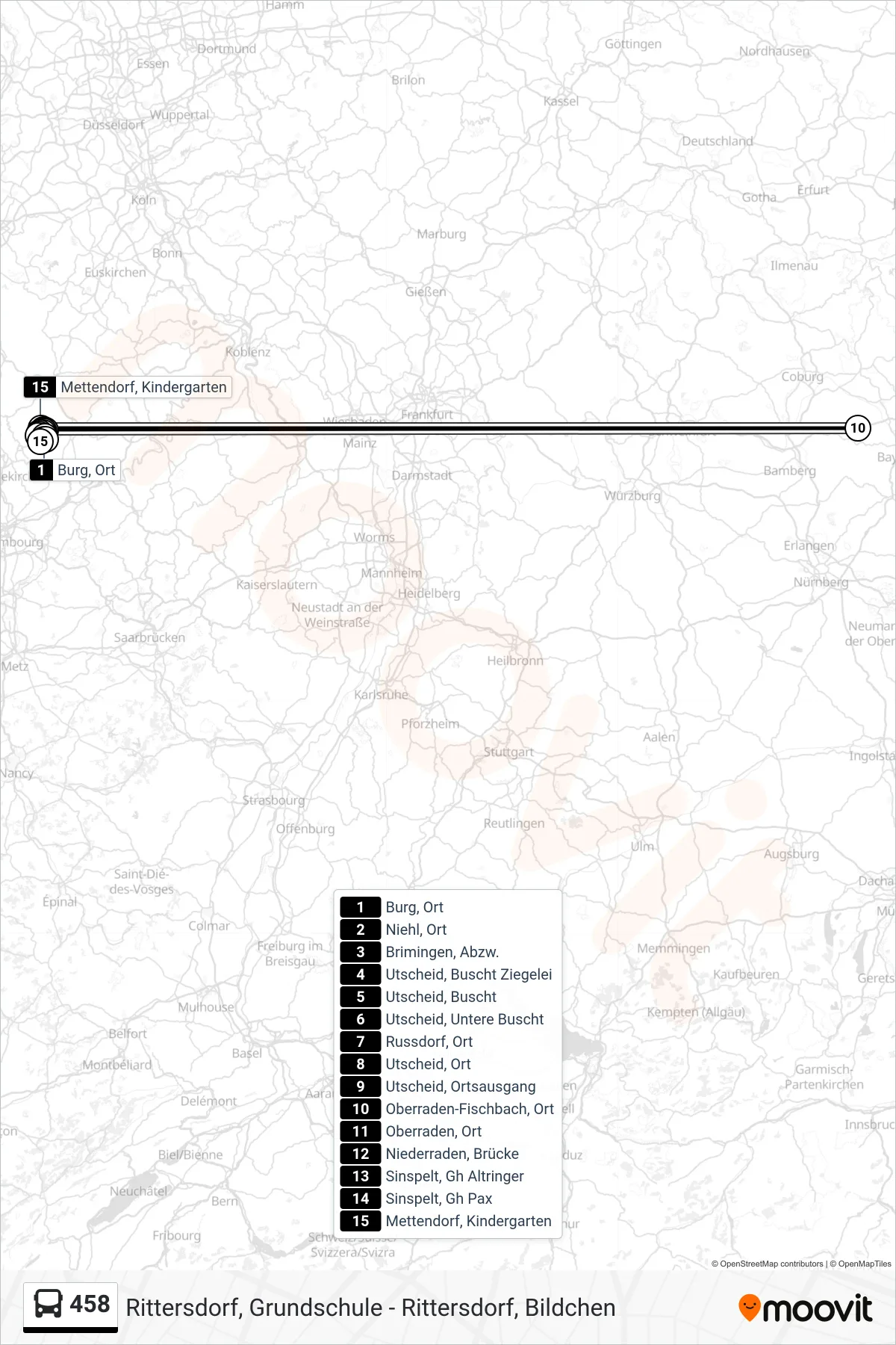 458 bus Line (Mettendorf, Kindergarten) route and stops on a map