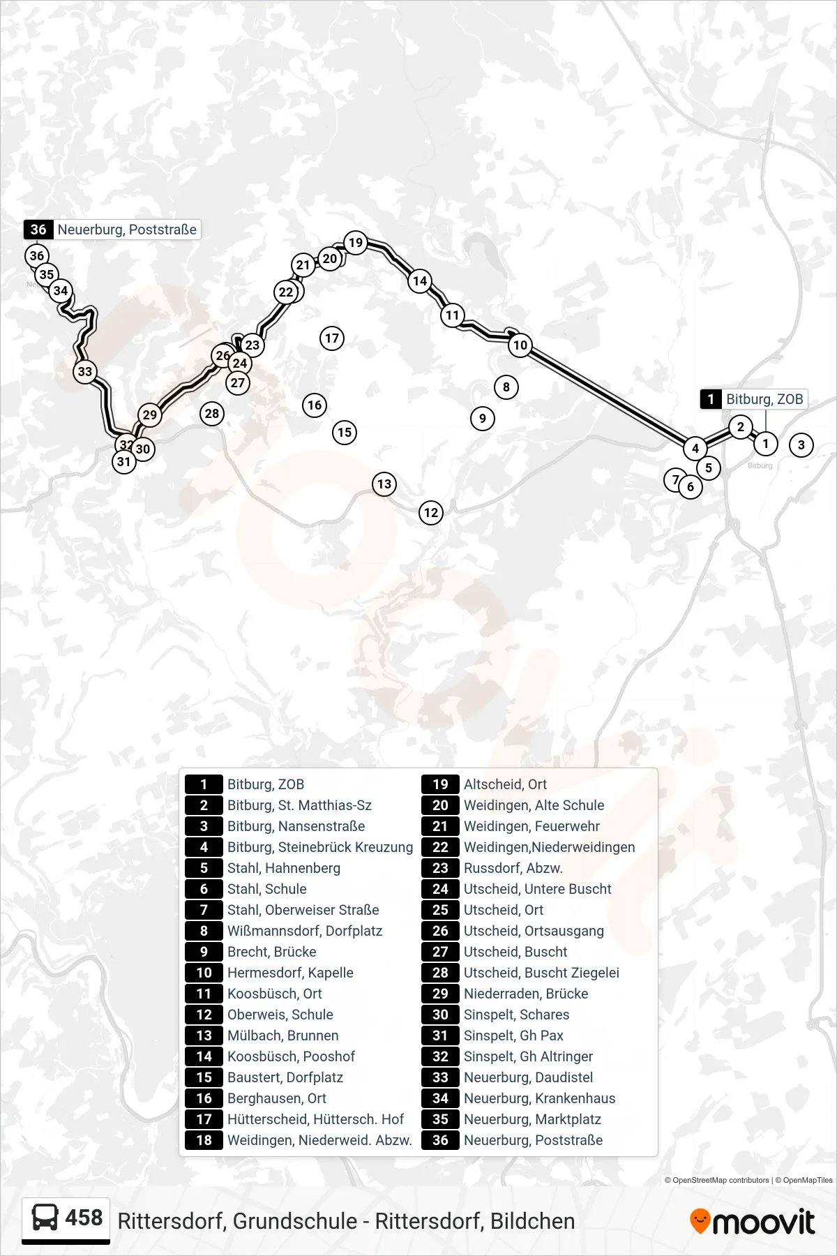 458 bus Line (Neuerburg, Poststraße) route and stops on a map
