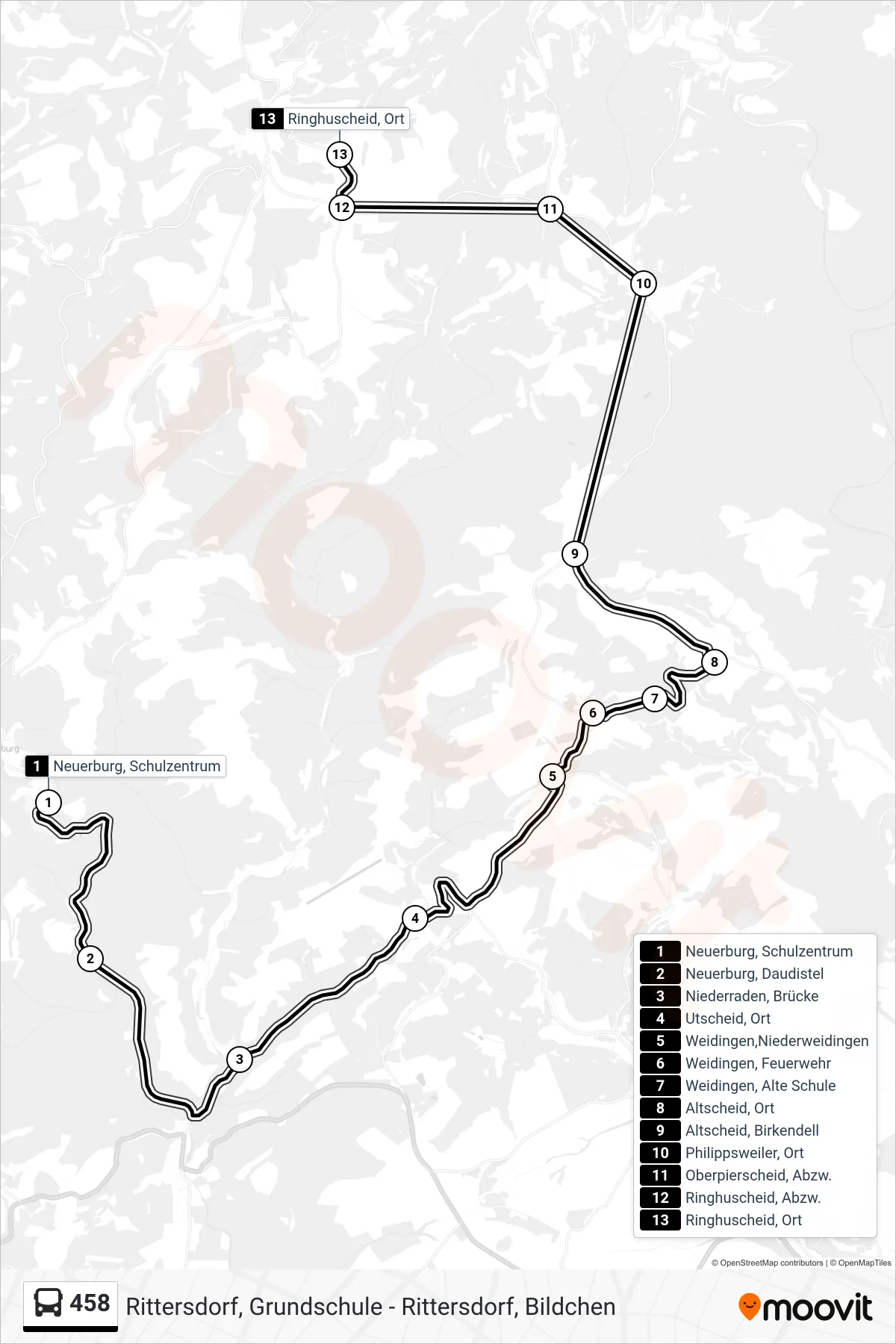 458 bus Line (Ringhuscheid, Ort) route and stops on a map