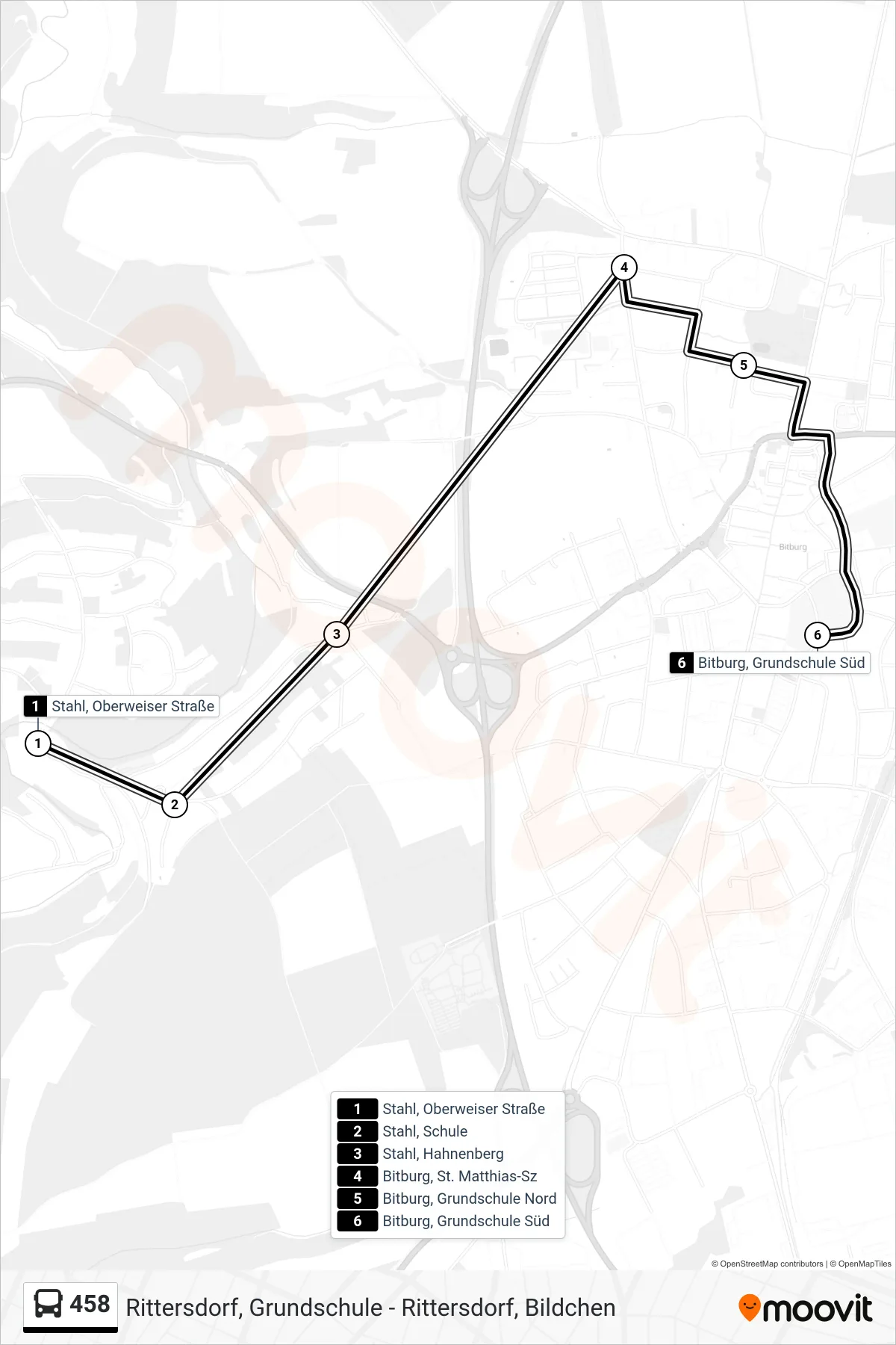 458 bus Line (Bitburg, Grundschule Süd) route and stops on a map