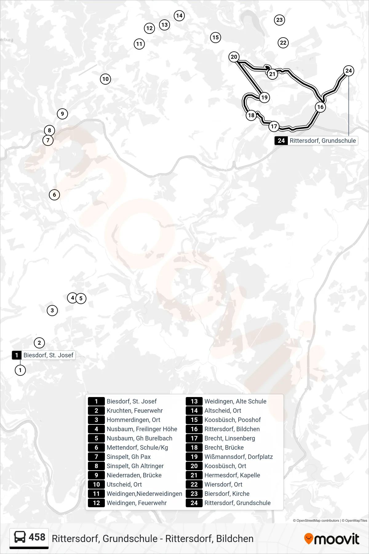 458 bus Line (Rittersdorf, Grundschule) route and stops on a map