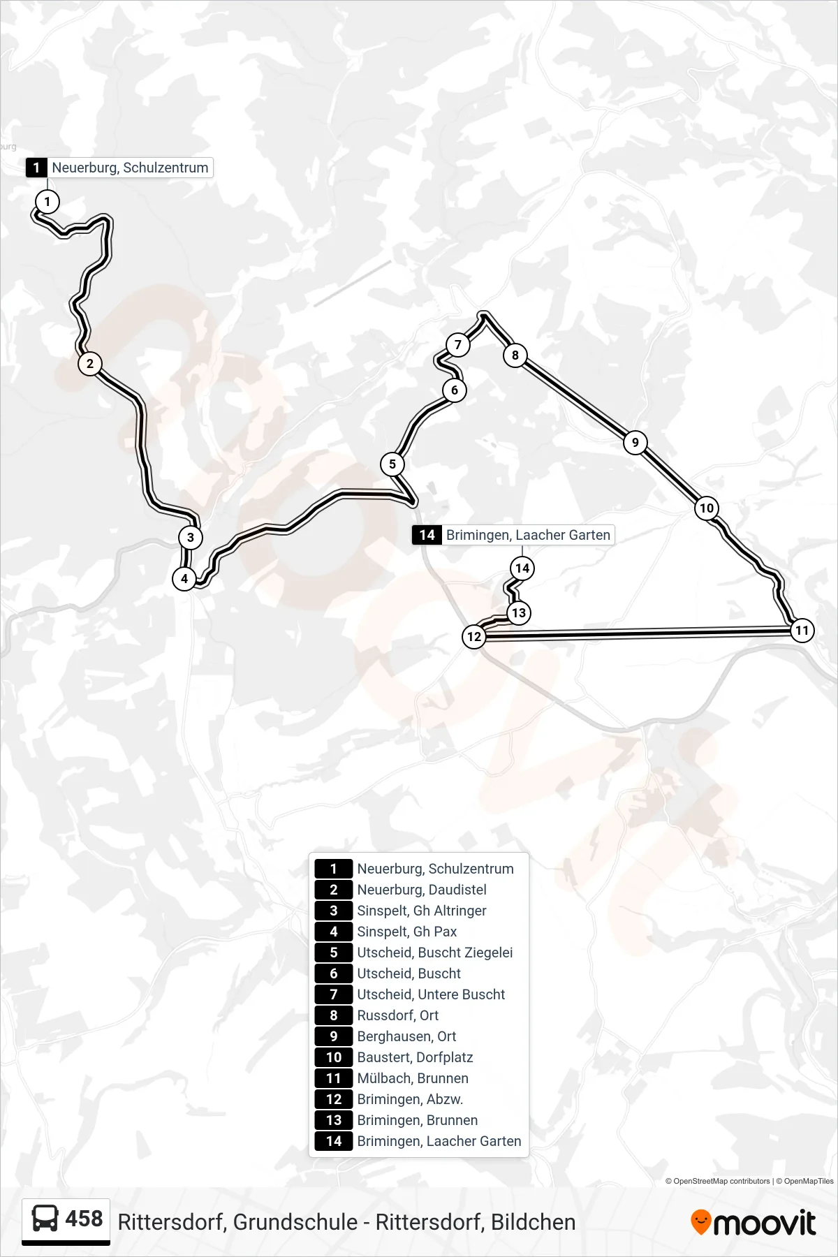 458 bus Line (Brimingen, Laacher Garten) route and stops on a map