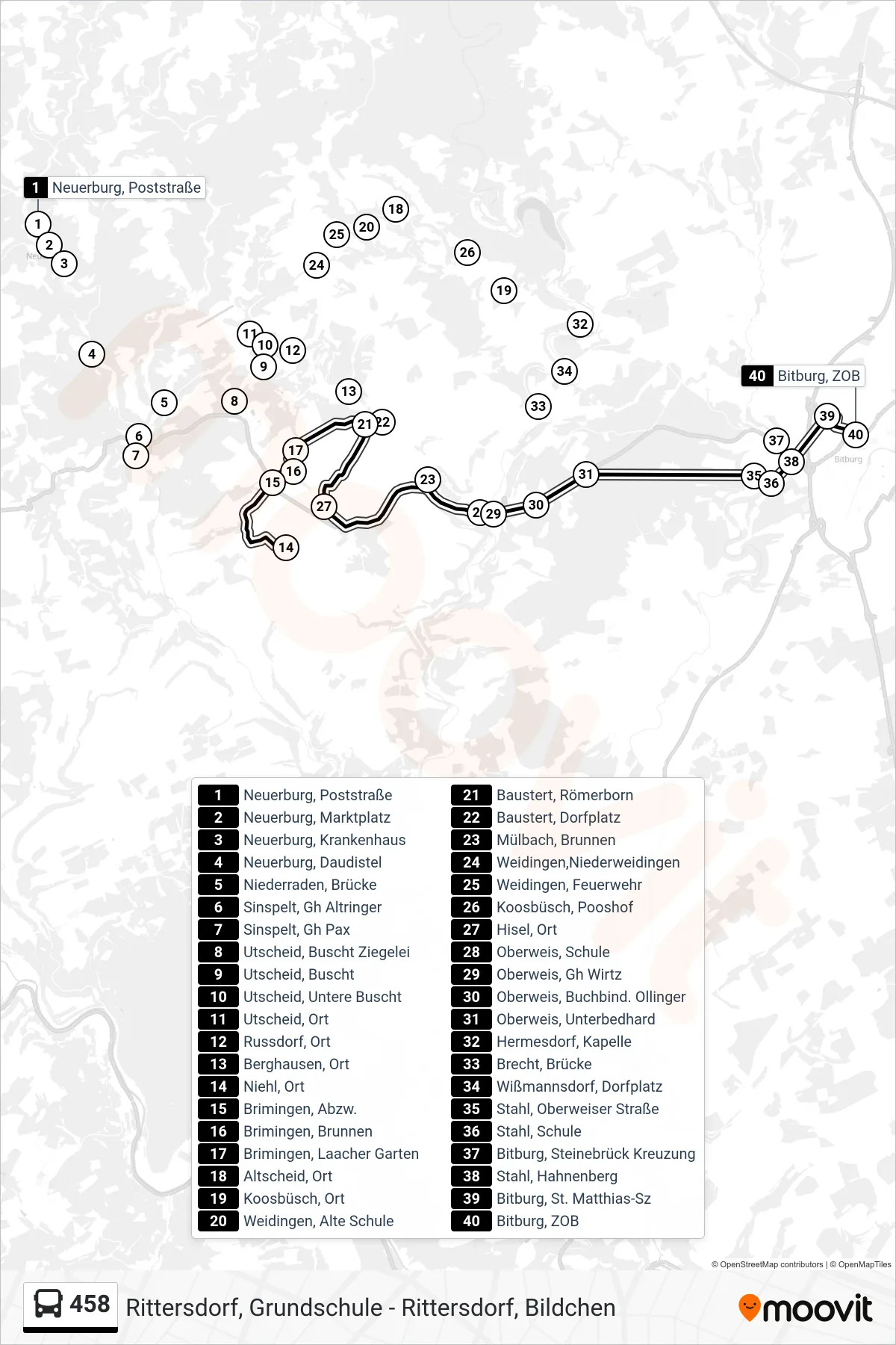 458 bus Line (Bitburg, ZOB) route and stops on a map