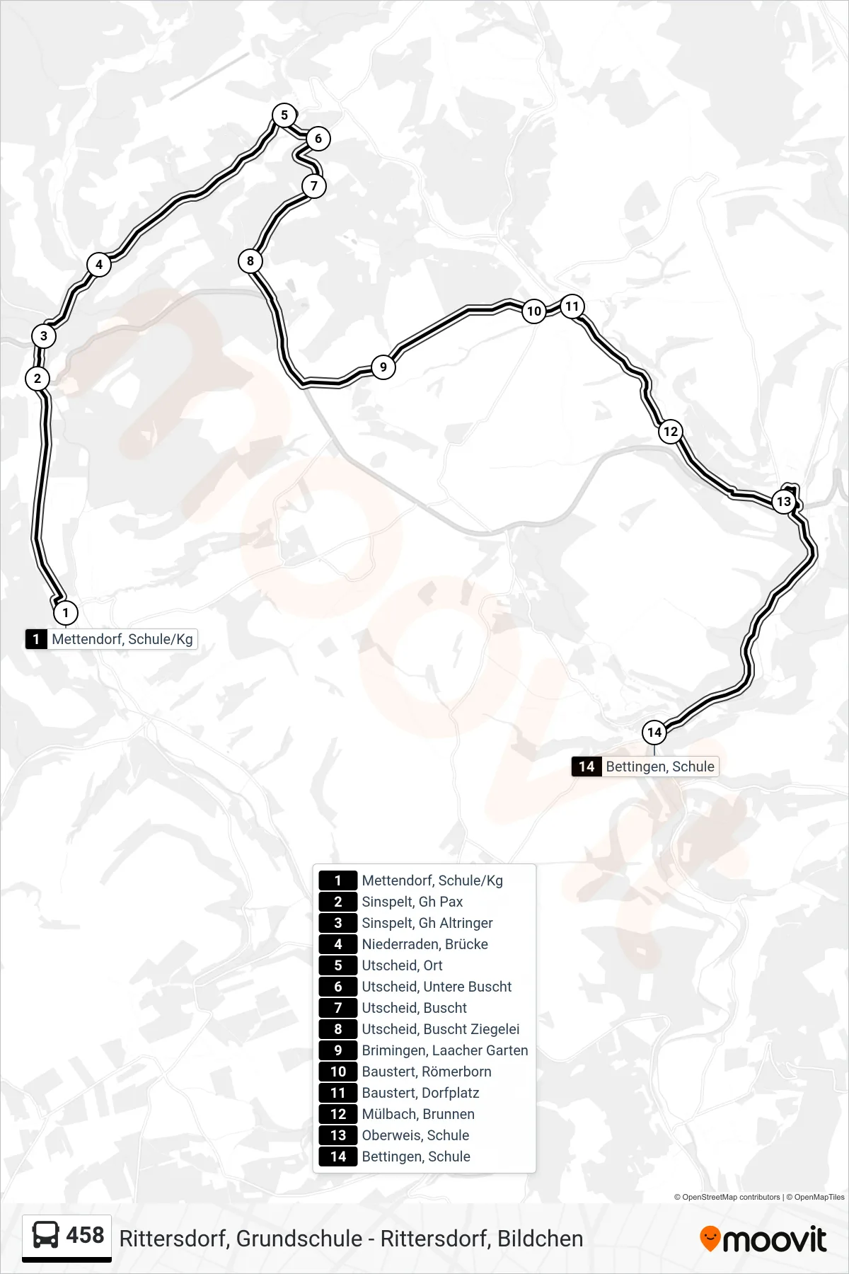 458 bus Line (Bettingen, Schule) route and stops on a map