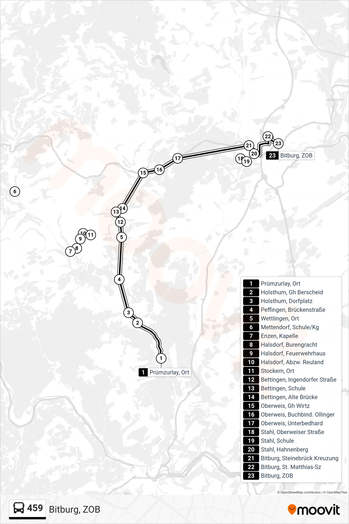 459 bus Line (Bitburg, ZOB) route and stops on a map