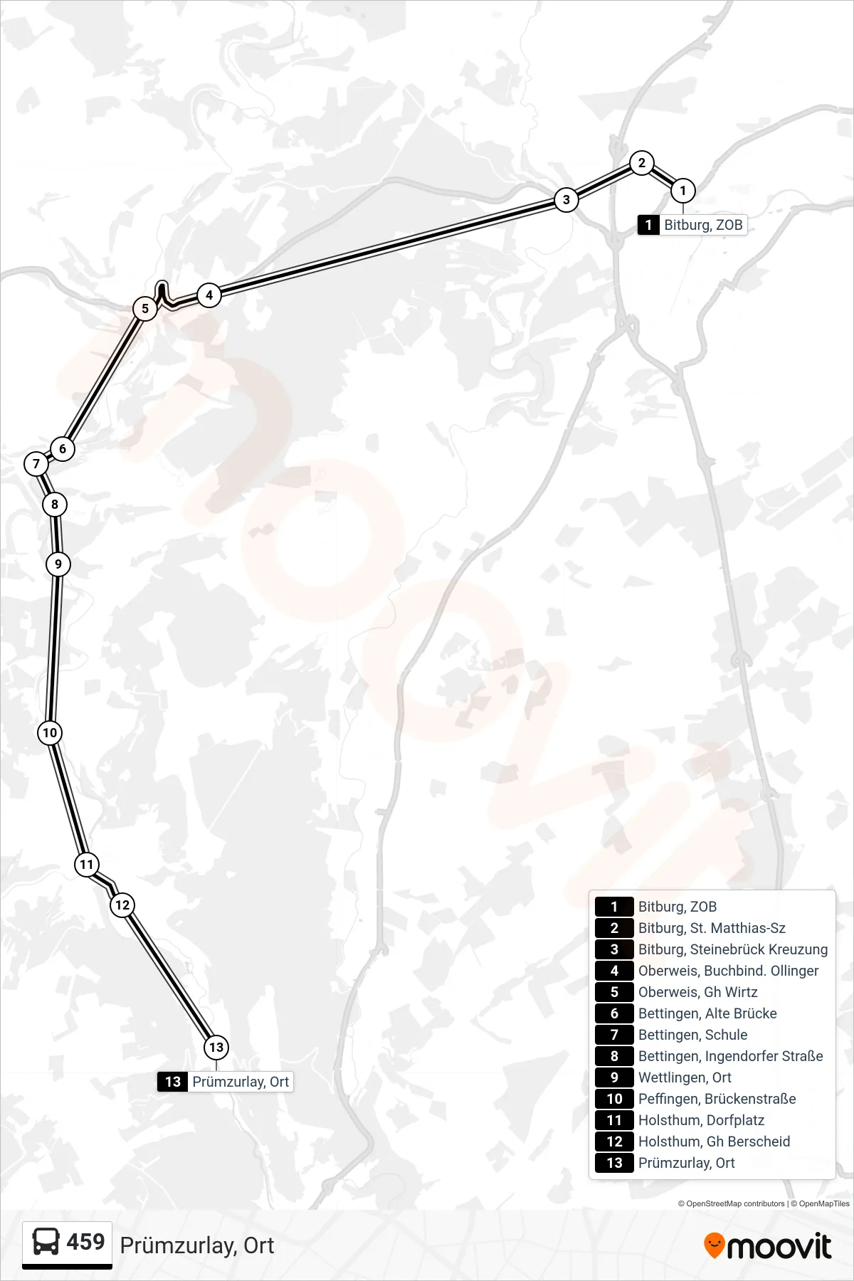 459 bus Line (Prümzurlay, Ort) route and stops on a map