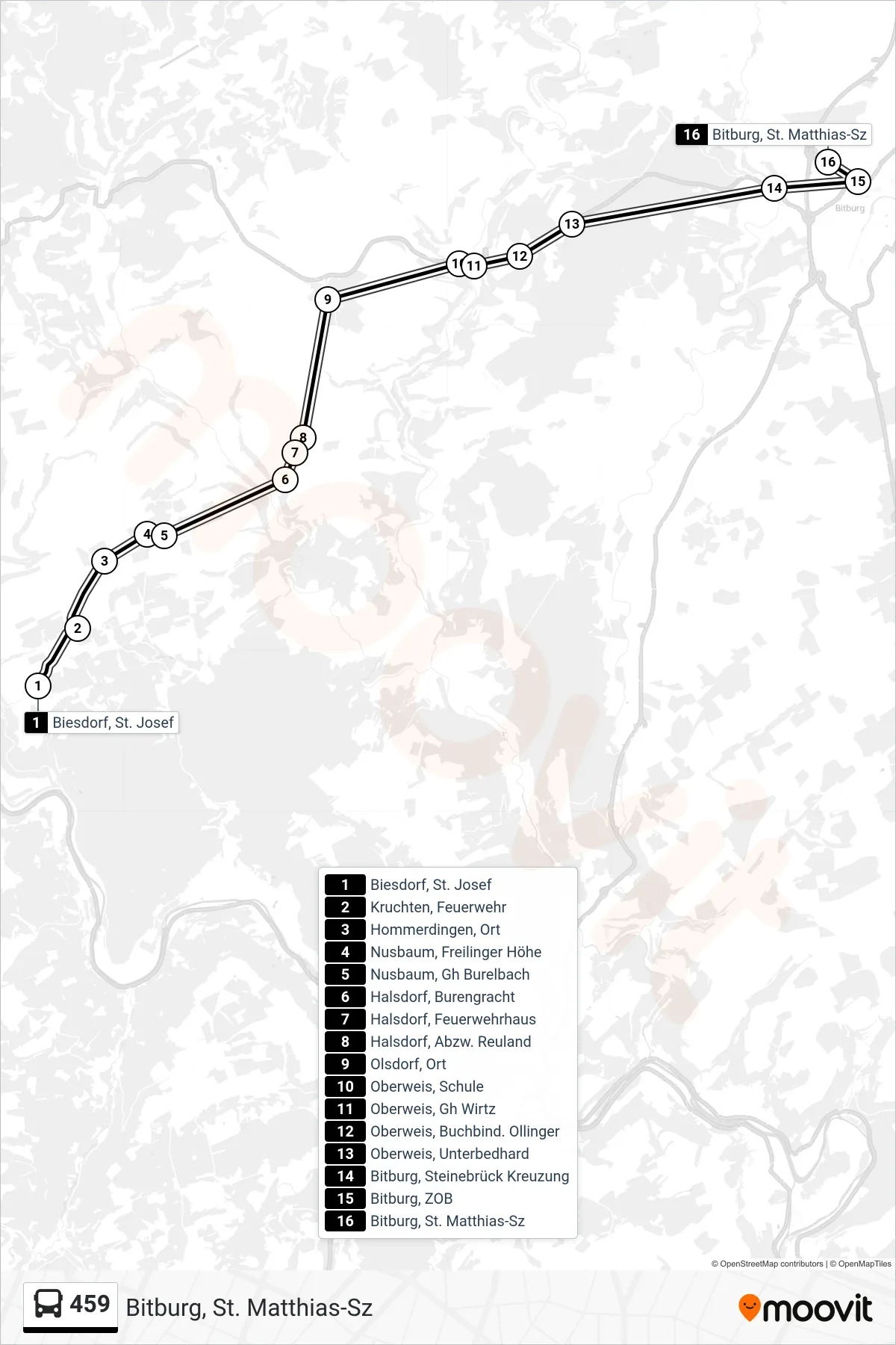 Linie 459 (Bus) Richtung Bitburg, St. Matthias-Sz: Route und Haltestellen auf der Karte