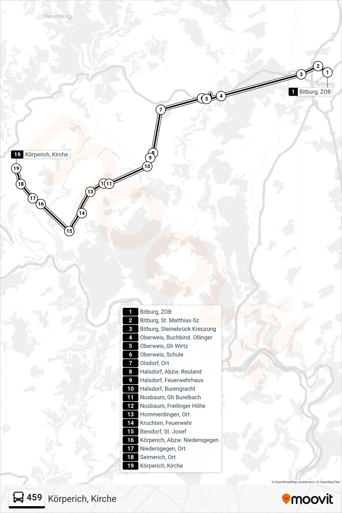 459 bus Line (Körperich, Kirche) route and stops on a map