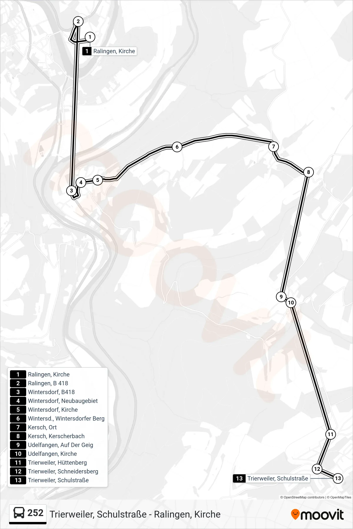 252 bus Line (Trierweiler, Schulstraße) route and stops on a map