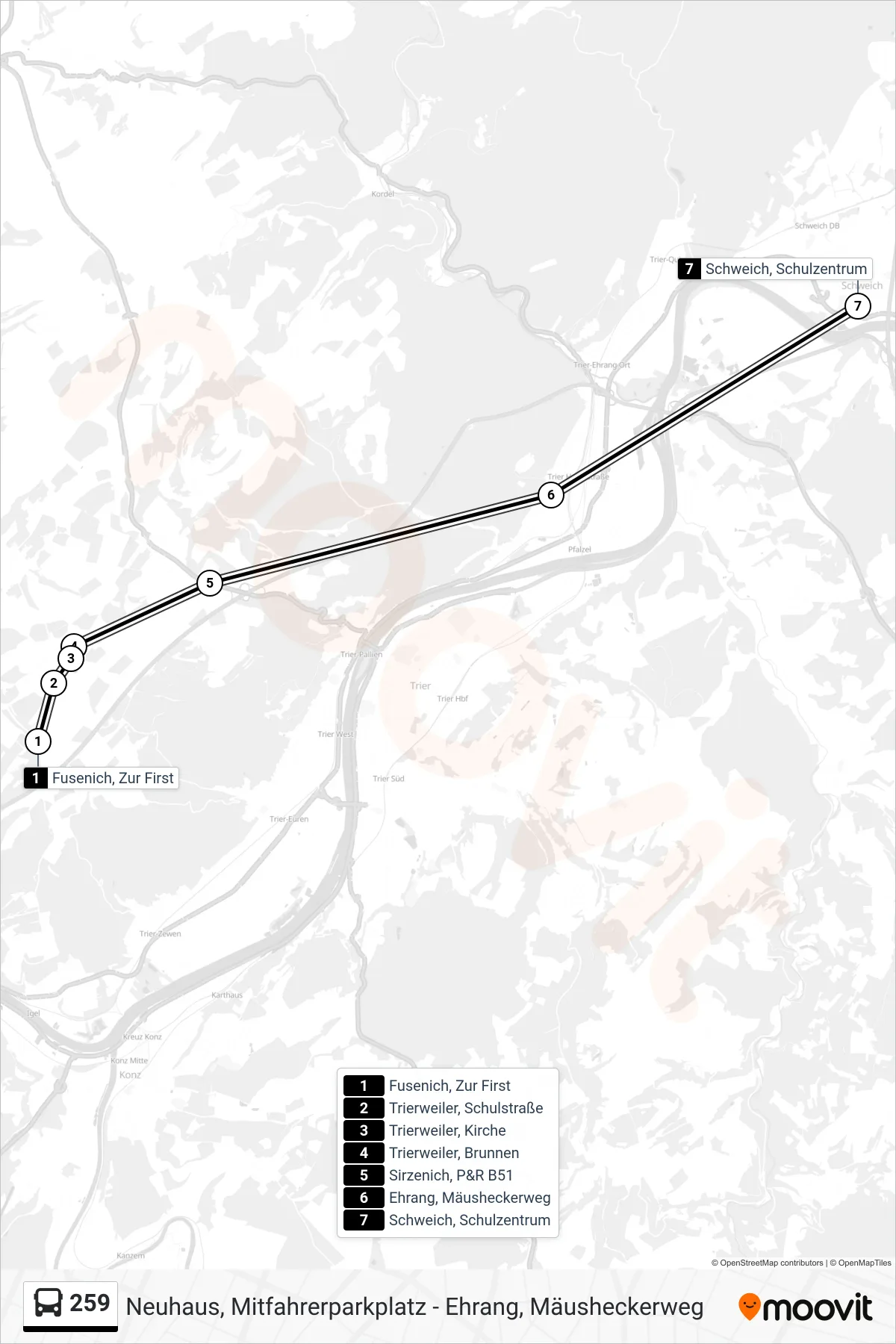 Linie 259 (Bus) Richtung Schweich, Schulzentrum: Route und Haltestellen auf der Karte
