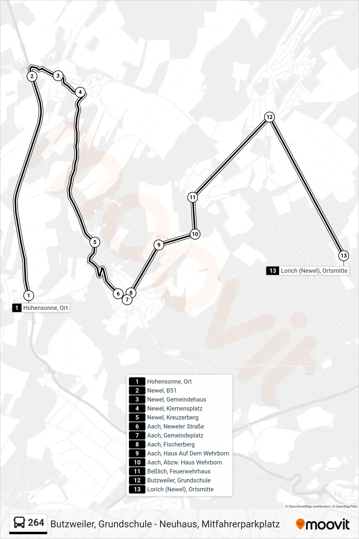 264 bus Line (Lorich (Newel), Ortsmitte) route and stops on a map