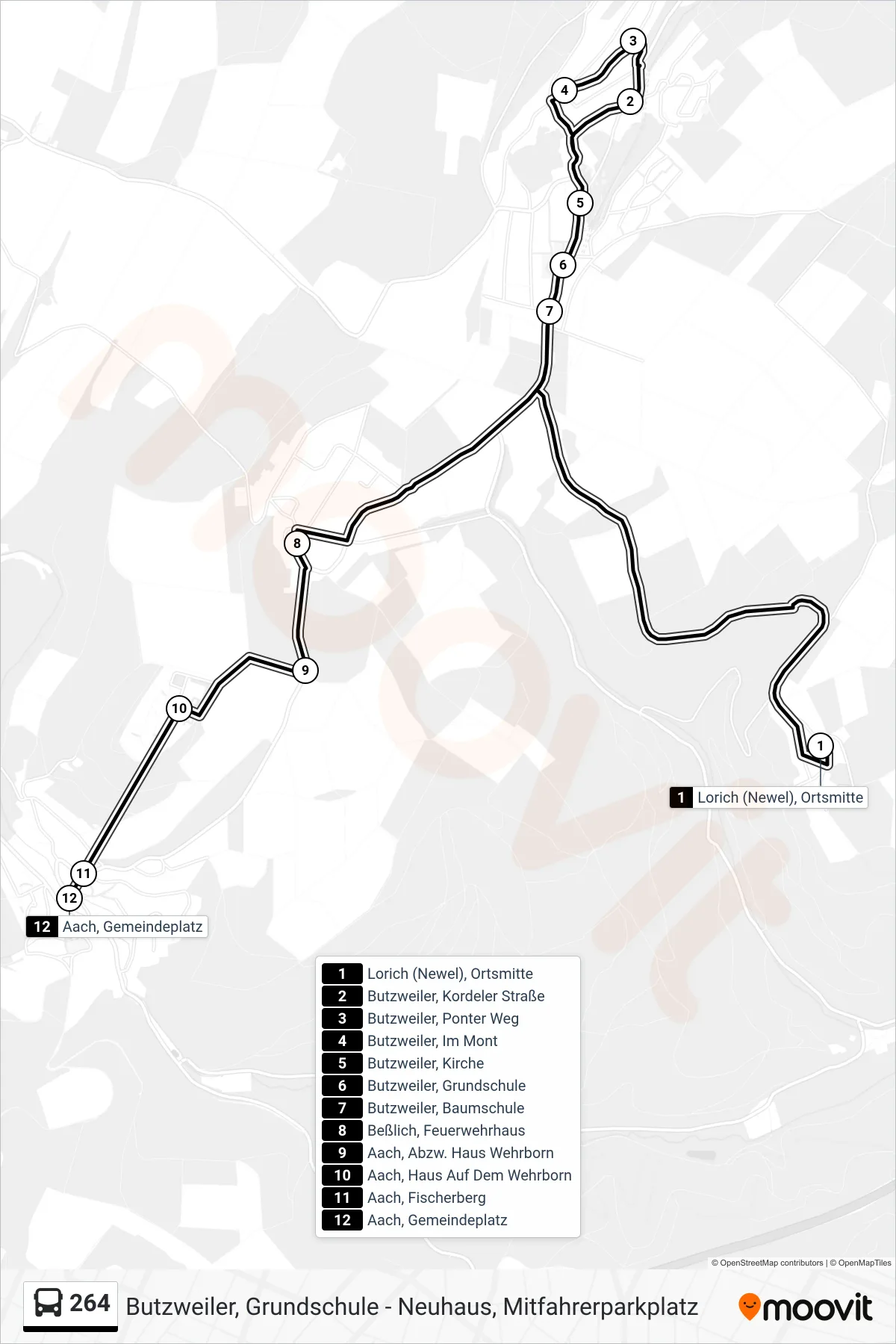 264 bus Line (Aach, Gemeindeplatz) route and stops on a map