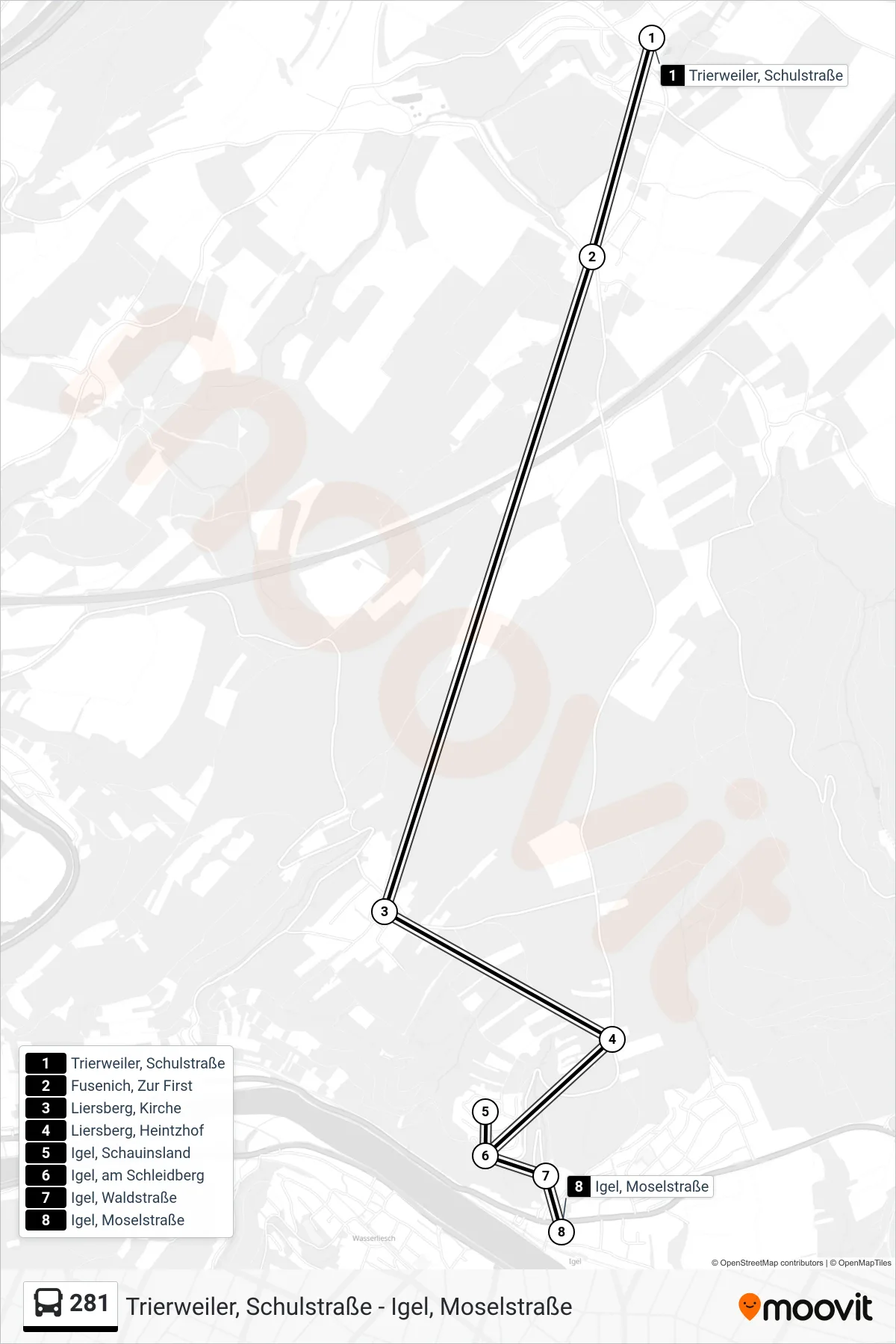 Linie 281 (Bus) Richtung Igel, Moselstraße: Route und Haltestellen auf der Karte