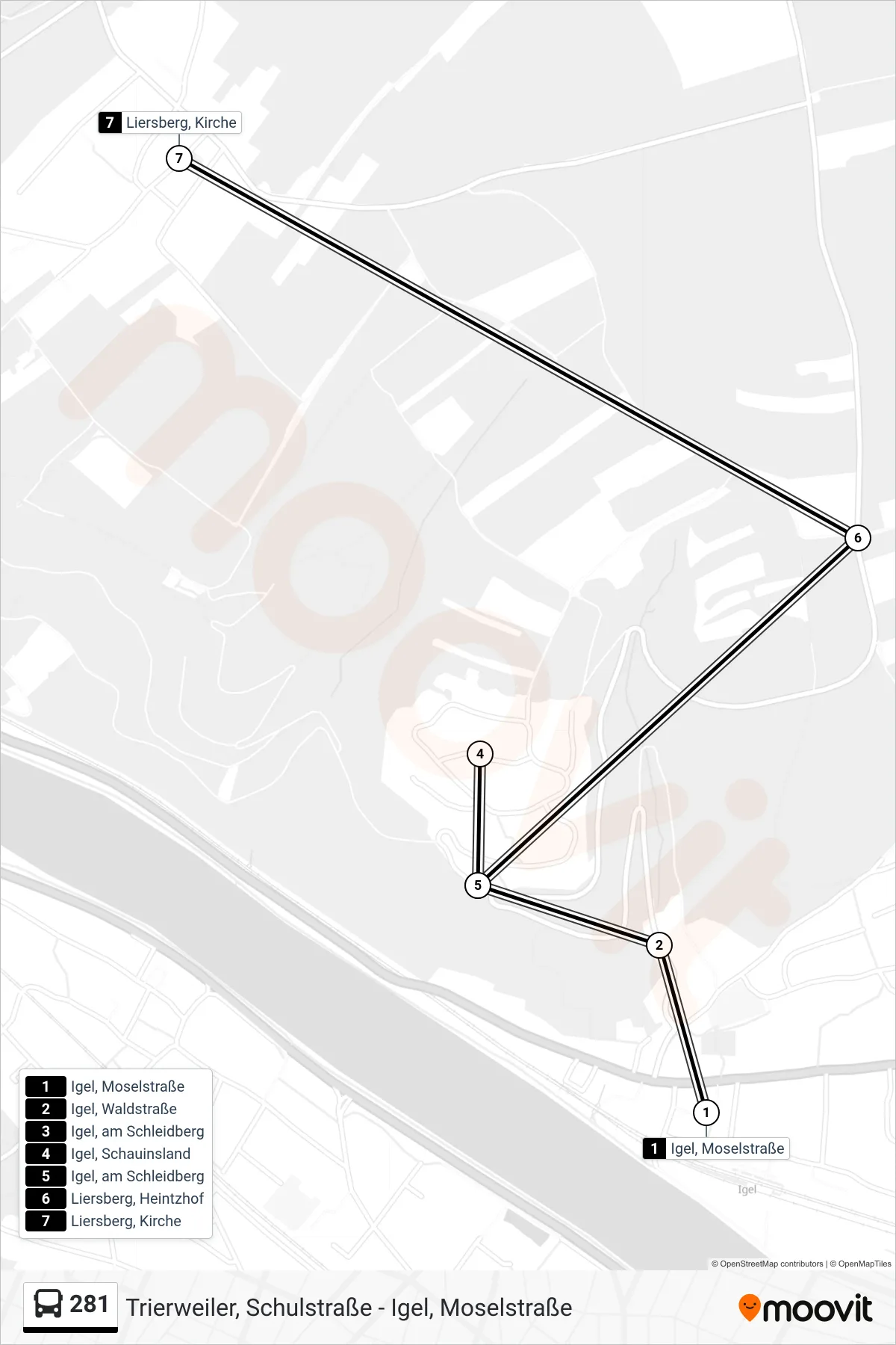 281 bus Line (Liersberg, Kirche) route and stops on a map