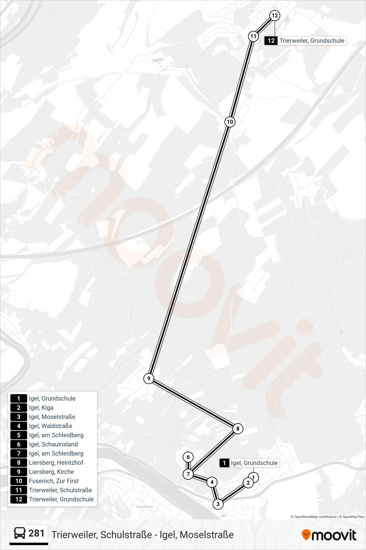 281 bus Line (Trierweiler, Grundschule) route and stops on a map