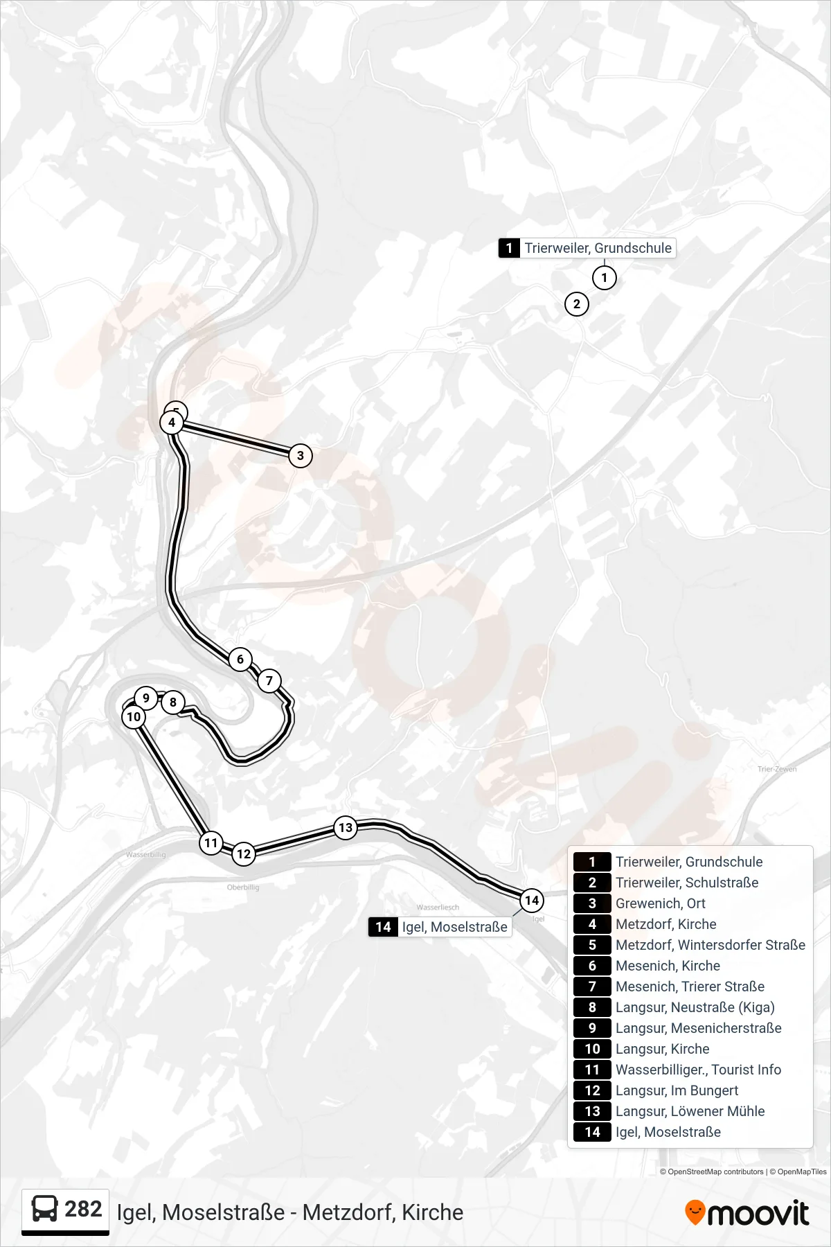 282 bus Line (Igel, Moselstraße) route and stops on a map