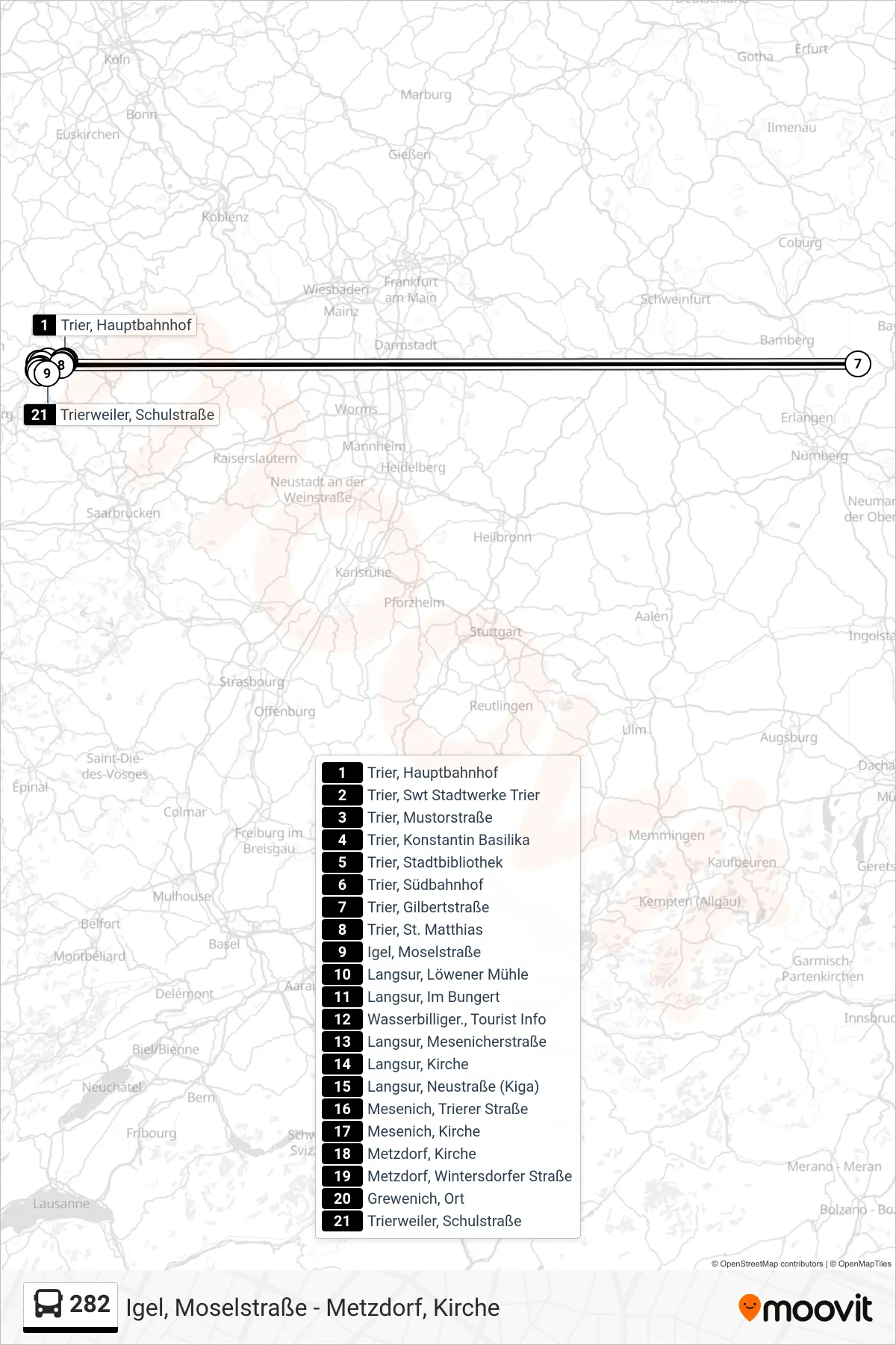 282 bus Line (Trierweiler, Schulstraße) route and stops on a map