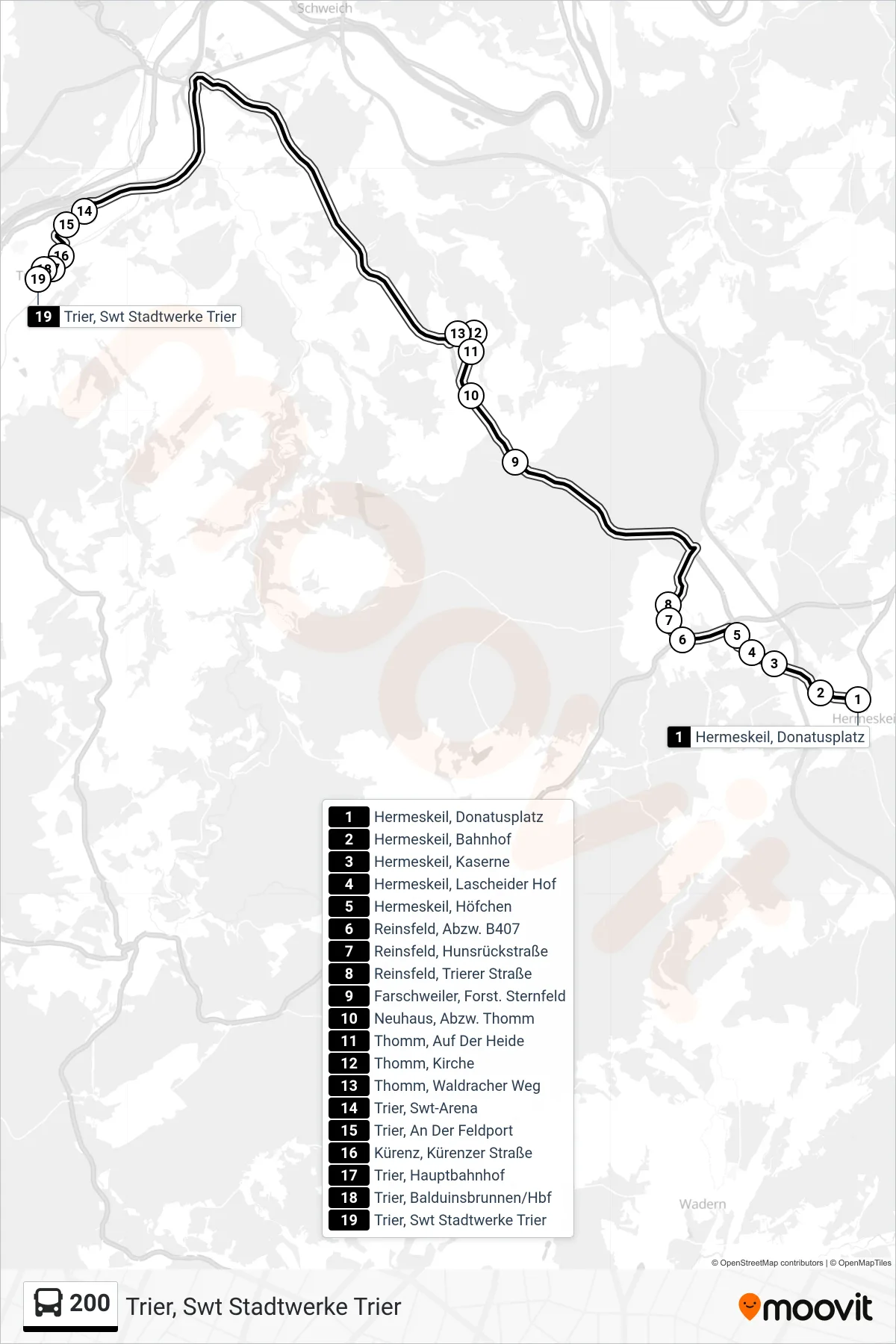 Linie 200 (Bus) Richtung Trier, Swt Stadtwerke Trier: Route und Haltestellen auf der Karte