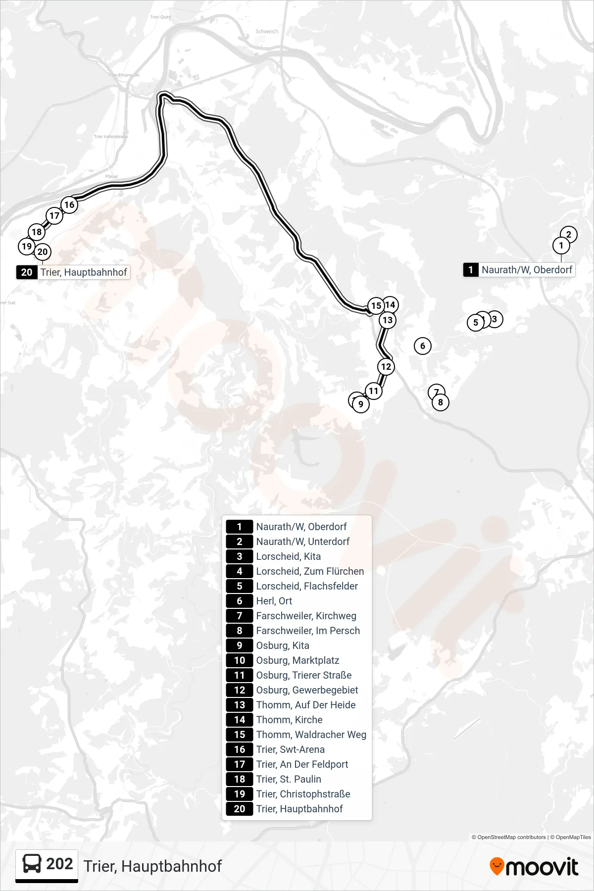 202 bus Line (Trier, Hauptbahnhof) route and stops on a map