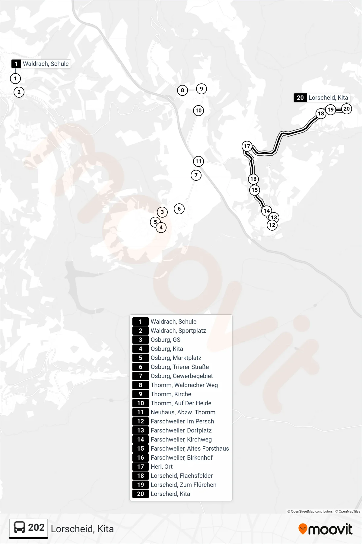 202 bus Line (Lorscheid, Kita) route and stops on a map