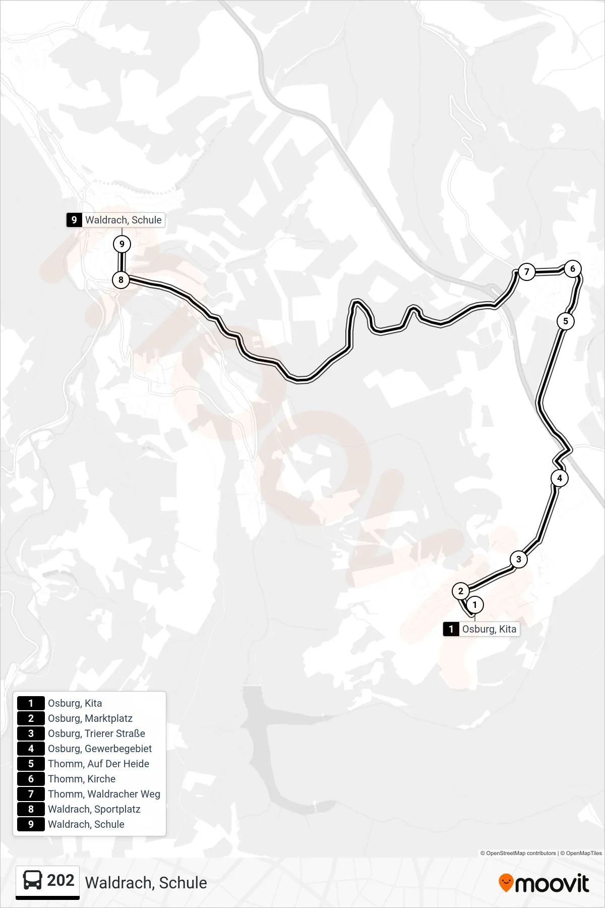 202 bus Line (Waldrach, Schule) route and stops on a map